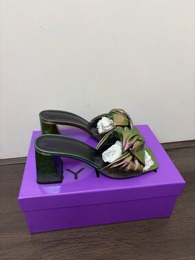 BY FAR Iridescent Green Knot-Front Block Heel Mules